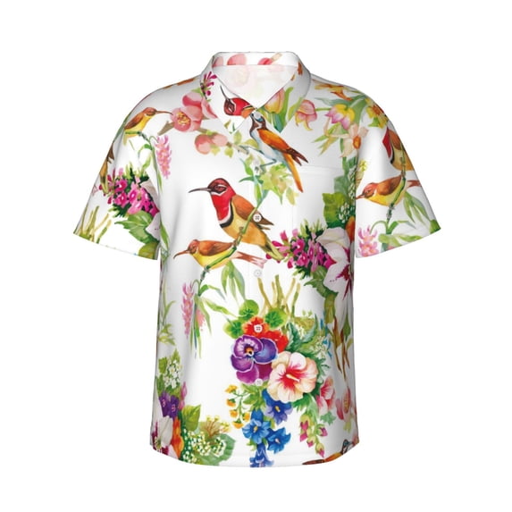 Uemuo Birds And Flowers Printed Regular Fit Short Sleeve Casual Hawaiian Shirt for Men,Aloha shirt,Tropical shirt,Floral print shirt,Vacation Beach shirt-X-Large