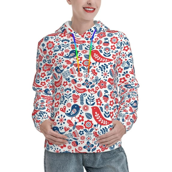 Uemuo Birds Flowers Pattern Women's Hoodie with Eye-catching Drawstrings- Casual Pullover Hoodie with Kangaroo Pocket, Stylish Hooded Sweatshirt-Medium