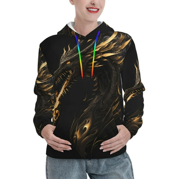 Uemuo Black And Gold Fire Dragon Pattern Women's Hoodie with Eye-catching Drawstrings- Casual Pullover Hoodie with Kangaroo Pocket, Stylish Hooded Sweatshirt-Medium