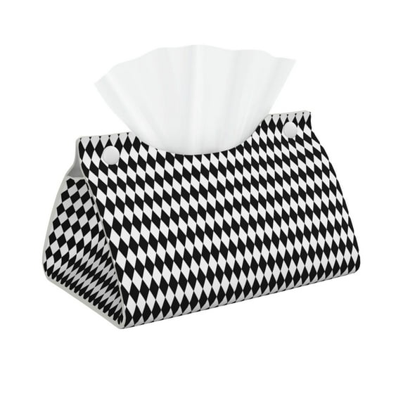 Uemuo Black And White Diamonds Pattern Tissue Box Cover Holder, Triangle with Bottom Belt - PVC Leather Decorative Organizer for Tabletop, Bathroom, Car, Office