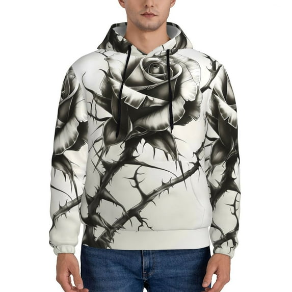 Uemuo Black And White Rose Pattern Men's Hoodie - Casual Pullover Hoodie with Kangaroo Pocket, Stylish Hooded Sweatshirt for Everyday Wear-XX-Large