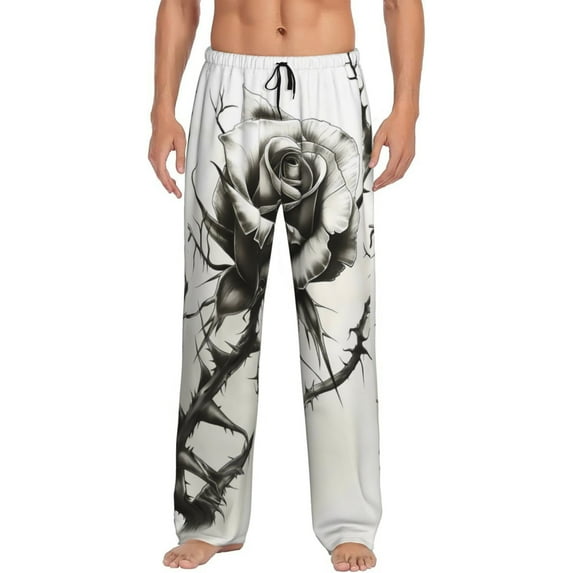 Uemuo Black And White Rose Pattern Men's Wide Leg Palazzo Lounge Pants with Pockets Light Weight Loose Comfy Casual Pajama Pants-Large
