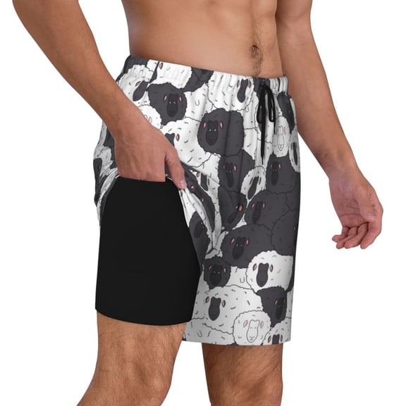 Uemuo Black And White Sheeps Pattern Mens Swim Trunks Quick Dry Board Shorts with Mesh Lining, Stretch Beach Shorts Quick Dry No-Chafing Board Shorts-Small