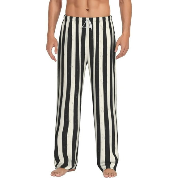 Uemuo Black And White Thick Stripes Pattern Men's Wide Leg Palazzo Lounge Pants with Pockets Light Weight Loose Comfy Casual Pajama Pants-Small