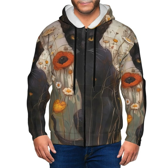 Uemuo Black Cat in Wildflowers for Men's Fashion Full-zip Hoodies & Sweatshirts with Kangaroo Pocket, Zip-up Hooded Sweatshirt, Moisture Wicking & Breathable-Small
