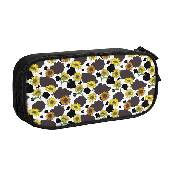 Uemuo Black Cow Sunflowers Printed Pencil Pen Case, Portable Pencil Pouch with Zipper, Compact Stationery Bag Makeup Bag, Pencil Bag for Home Office