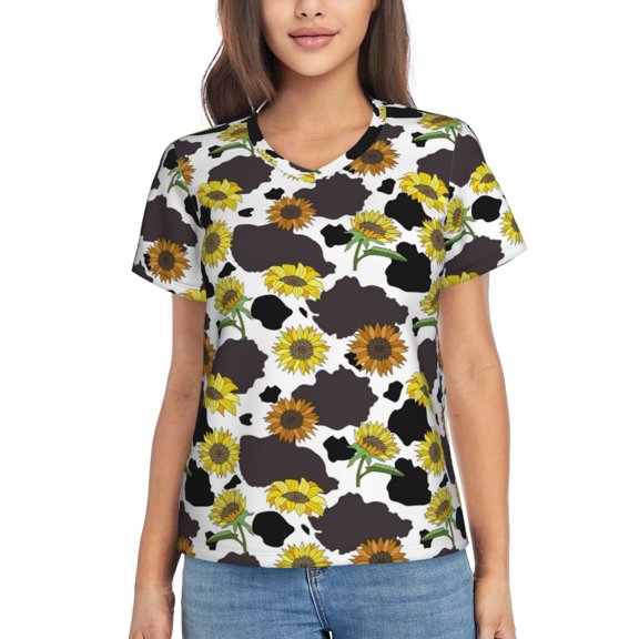 Uemuo Black Cow Sunflowers Printed Women's Classic V-Neck T-Shirt - Soft, Breathable, Moisture-Wicking, Perfect for Casual, Office, Travel, and Everyday Wear-Small