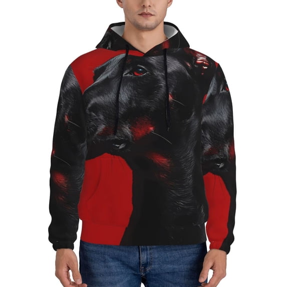 Uemuo Black Dog Red Background Pattern Men's Hoodie - Casual Pullover Hoodie with Kangaroo Pocket, Stylish Hooded Sweatshirt for Everyday Wear-Small