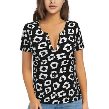 Uemuo Black Leopard Drawing Women's Deep V-Neck Low Cut Tops - Casual Loose Fit with Stainless Steel Loop, Soft, Breathable, Perfect for Office, Travel, and Daily Wear-X-Large