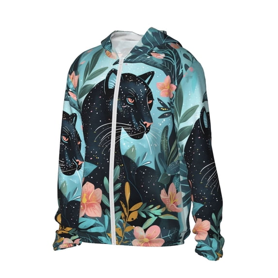 Uemuo Black Panther Floral Illustration Pattern Women's Full Zip UPF 50+ Sun Protection Hoodie Jacket Long Sleeve Sun Shirt Hiking Outdoor Performance with Pockets-