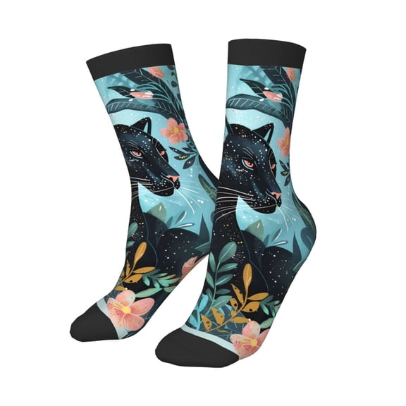 Uemuo Black Panther Floral Illustration Printed Kids Boys Socks Seamless Crew Socks Crazy Funny Athletic Sport Socks for Children