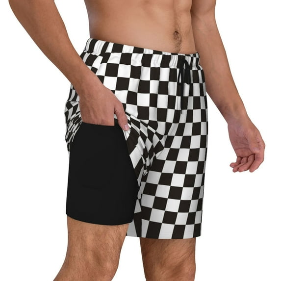 Uemuo Black and White Checkerboard Pattern Mens Swim Trunks Quick Dry Board Shorts with Mesh Lining, Stretch Beach Shorts Quick Dry No-Chafing Board Shorts-X-Large