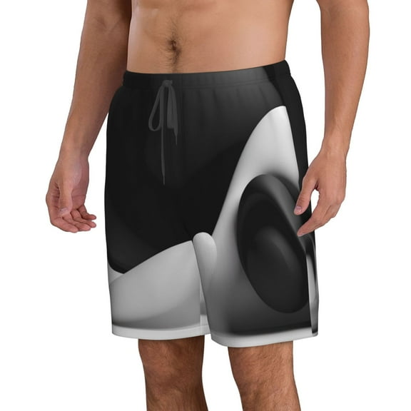 Uemuo Black White Fluid Sculpture Pattern Men's Swim Trunks Hawaiian Beach Bathing Suit Swimsuits Beach Quick-Dry Shorts with Pockets-X-Large