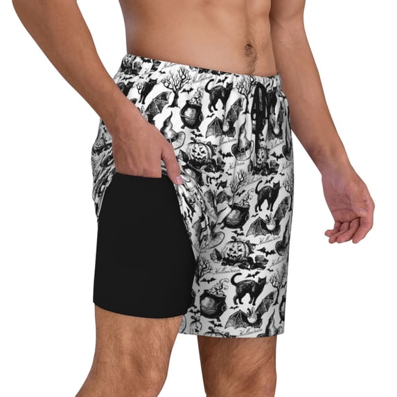 Uemuo Black White Halloween Pattern Mens Swim Trunks Quick Dry Board Shorts with Mesh Lining, Stretch Beach Shorts Quick Dry No-Chafing Board Shorts-Medium