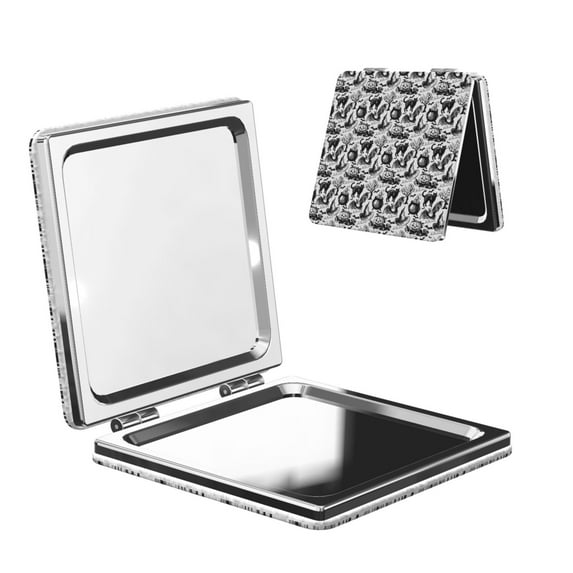 Uemuo Black White Halloween Print Compact Portable Pocket Makeup Mirror - Leather Cover, Elegant Travel Cosmetic Mirror for Purse, Pocket, and Handbag-Square
