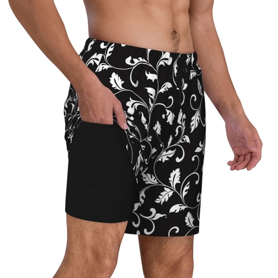 Uemuo Black White Leaves Pattern Mens Swim Trunks Quick Dry Board Shorts with Mesh Lining, Stretch Beach Shorts Quick Dry No-Chafing Board Shorts-X-Large