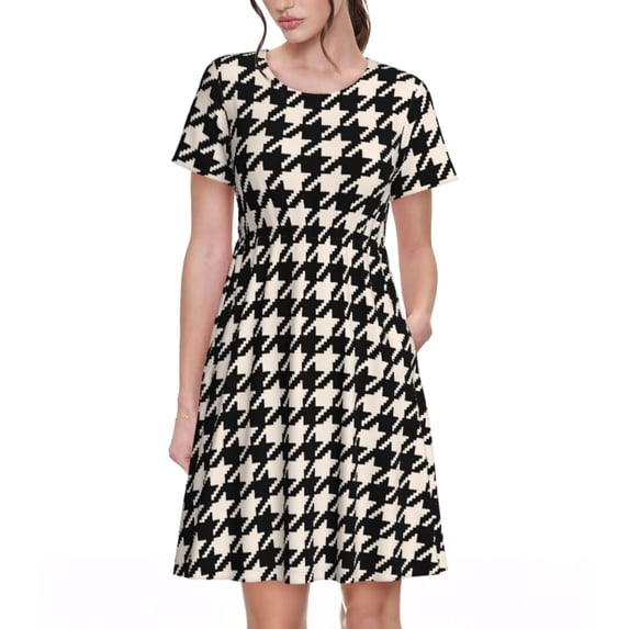 Uemuo Black and white houndstooth Print Womens Summer Dress Casual Swing Short Sleeve Sundresses Beach A-line Shift Dress