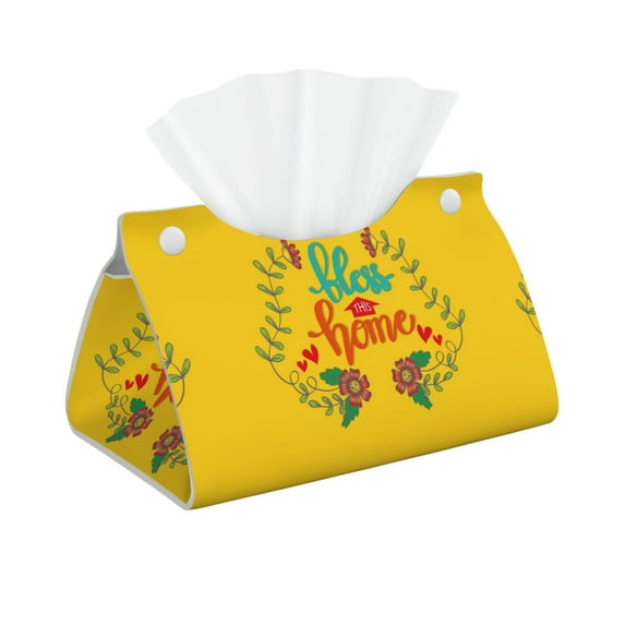 Uemuo Bless This Home Pattern Tissue Box Cover Holder, Triangle with Bottom Belt - PVC Leather Decorative Organizer for Tabletop, Bathroom, Car, Office