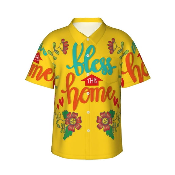 Uemuo Bless This Home Printed Regular Fit Short Sleeve Casual Hawaiian Shirt for Men,Aloha shirt,Tropical shirt,Floral print shirt,Vacation Beach shirt-Small