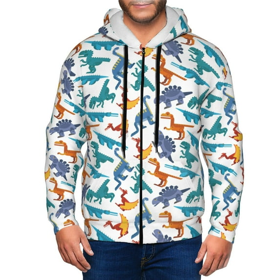 Uemuo Block Dinosaur for Men's Fashion Full-zip Hoodies & Sweatshirts with Kangaroo Pocket, Zip-up Hooded Sweatshirt, Moisture Wicking & Breathable-Small