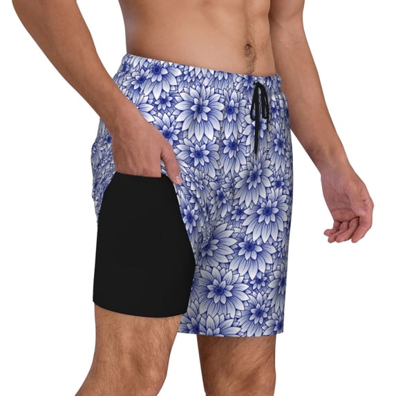 Uemuo Blue And White Flowers Pattern Mens Swim Trunks Quick Dry Board Shorts with Mesh Lining, Stretch Beach Shorts Quick Dry No-Chafing Board Shorts-3X-Large