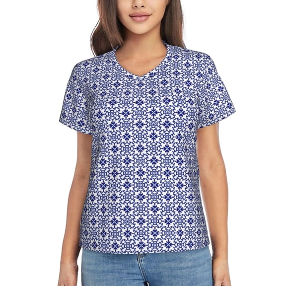 Uemuo Blue And White Porcelain Chinaware Printed Women's Classic V-Neck T-Shirt - Soft, Breathable, Moisture-Wicking, Perfect for Casual, Office, Travel, and Everyday Wear-Large