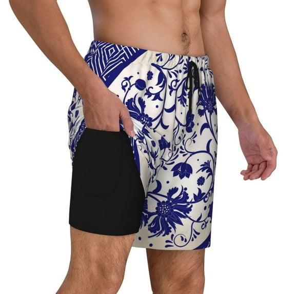 Uemuo Blue And White Porcelain Pattern Pattern Mens Swim Trunks Quick Dry Board Shorts with Mesh Lining, Stretch Beach Shorts Quick Dry No-Chafing Board Shorts-X-Large