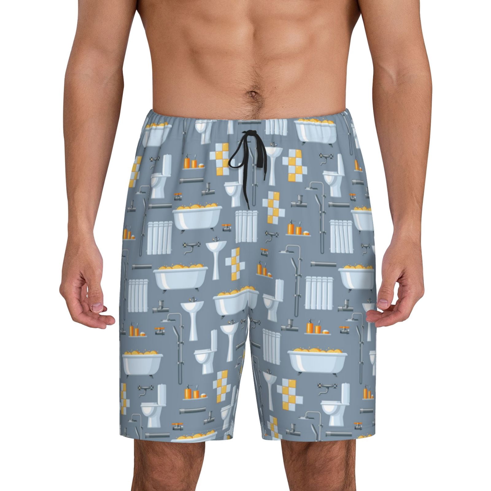 Blue Bathroom Pattern Men's Short Pajama Pants – Soft & Breathable Lounge Shorts, Elastic Waistband with Pockets, Lightweight Sleepwear for All-Season Comfort-3X-Large