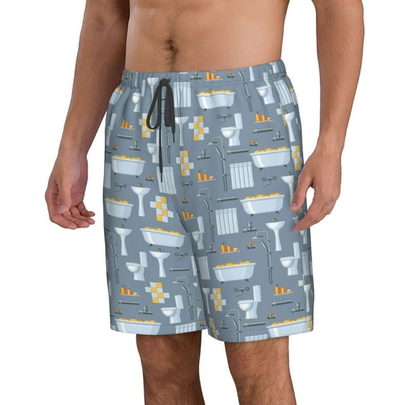 Uemuo Blue Bathroom Pattern Men's Swim Trunks Hawaiian Beach Bathing Suit Swimsuits Beach Quick-Dry Shorts with Pockets-Small