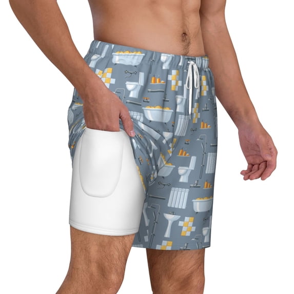 Uemuo Blue Bathroom Pattern Mens Swim Trunks Quick Dry Board Shorts with Mesh Lining, Stretch Beach Shorts Quick Dry No-Chafing Board Shorts-3X-Large