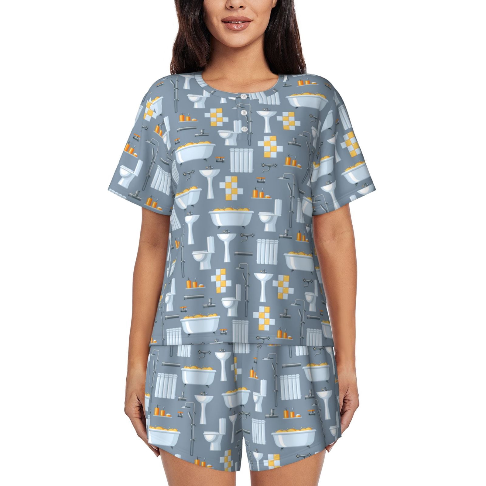 Blue Bathroom Pattern Women's Short-Sleeved Pajama, Button-Front Loungewear, 2-Piece Summer Sleepwear, Elastic Drawstring Shorts-X-Large