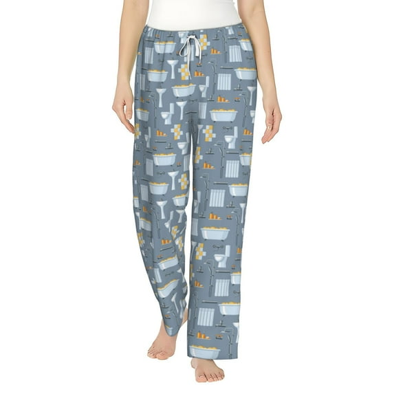 Uemuo Blue Bathroom Pattern Women's Wide Leg Palazzo Lounge Pants with Pockets Light Weight Loose Comfy Casual Pajama Pants-Large
