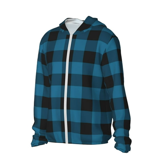 Uemuo Blue Black Plaid Pattern Women's Full Zip UPF 50+ Sun Protection Hoodie Jacket Long Sleeve Sun Shirt Hiking Outdoor Performance with Pockets-3X-Large