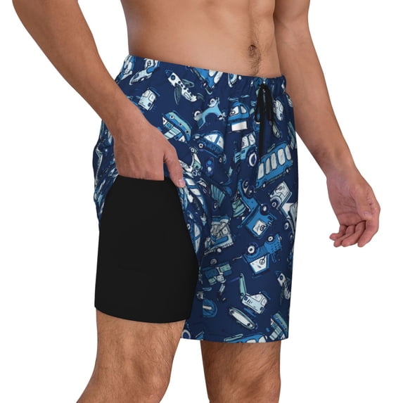 Uemuo Blue Bus Pattern Mens Swim Trunks Quick Dry Board Shorts with Mesh Lining, Stretch Beach Shorts Quick Dry No-Chafing Board Shorts-X-Large