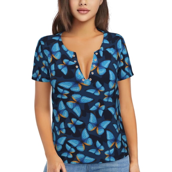 Uemuo Blue Butterfly Drawing Women's Deep V-Neck Low Cut Tops - Casual Loose Fit with Stainless Steel Loop, Soft, Breathable, Perfect for Office, Travel, and Daily Wear-Large