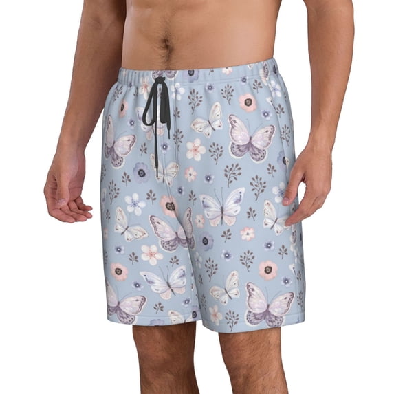 Uemuo Blue Butterfly Pattern Men's Swim Trunks Hawaiian Beach Bathing Suit Swimsuits Beach Quick-Dry Shorts with Pockets-