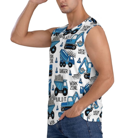 Uemuo Blue Excavator Pattern Men's Sleeveless T-Shirt,Muscle Athletic Tank Top, Moisture-wicking Quick-dry Breathable Classic Tee Top for Gym Run Outdoor Sports-