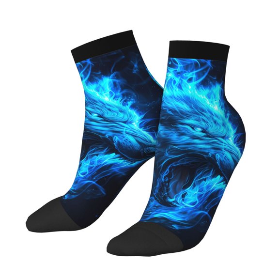 Uemuo Blue Fire Wolf Printed Crew Socks, Moisture-Wicking Socks, Athletic Socks for Men Breathable Cushion Socks Casual Sport Socks for Running Traveling