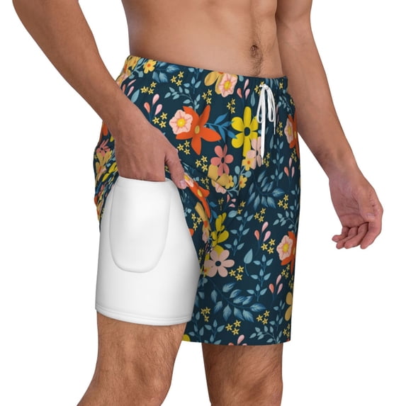 Uemuo Blue Floral Pattern Mens Swim Trunks Quick Dry Board Shorts with Mesh Lining, Stretch Beach Shorts Quick Dry No-Chafing Board Shorts-XX-Large