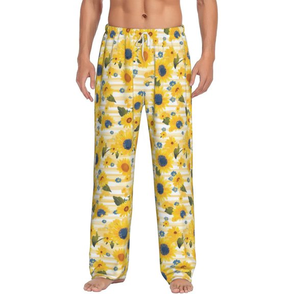 Uemuo Blue Floral Sunflower Pattern Men's Wide Leg Palazzo Lounge Pants with Pockets Light Weight Loose Comfy Casual Pajama Pants-Medium