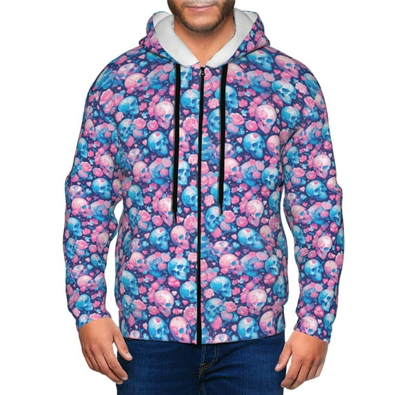 Uemuo Blue Flower Skull for Men's Fashion Full-zip Hoodies & Sweatshirts with Kangaroo Pocket, Zip-up Hooded Sweatshirt, Moisture Wicking & Breathable-Large