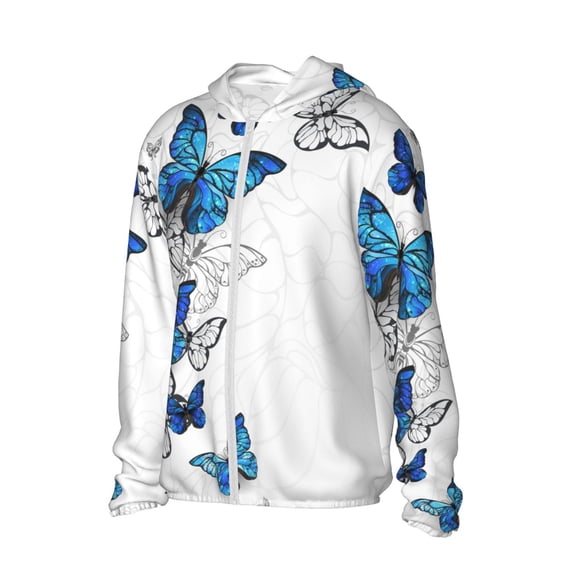 Uemuo Blue Flying Butterflies Pattern Women's Full Zip UPF 50+ Sun Protection Hoodie Jacket Long Sleeve Sun Shirt Hiking Outdoor Performance with Pockets-Medium