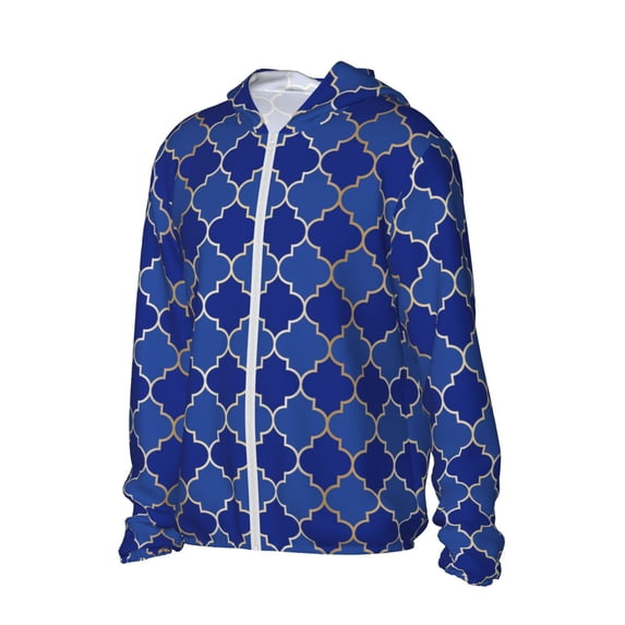 Uemuo Blue Gold Grid Lantern Shapes Pattern Women's Full Zip UPF 50+ Sun Protection Hoodie Jacket Long Sleeve Sun Shirt Hiking Outdoor Performance with Pockets-