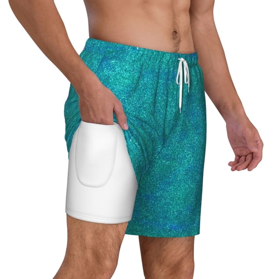 Uemuo Blue Green Glitter Pattern Mens Swim Trunks Quick Dry Board Shorts with Mesh Lining, Stretch Beach Shorts Quick Dry No-Chafing Board Shorts-3X-Large