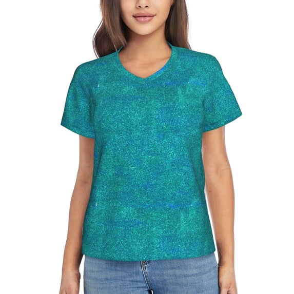 Uemuo Blue Green Glitter Printed Women's Classic V-Neck T-Shirt - Soft, Breathable, Moisture-Wicking, Perfect for Casual, Office, Travel, and Everyday Wear-Small
