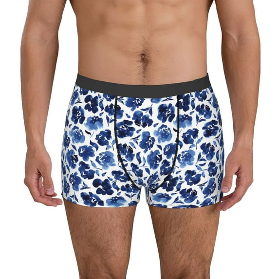 Uemuo Blue Ink Flowers Pattern Men's Boxer Briefs,Trunk Anti-Chafing,Comfortable, Durable, and Stylish Underwear-
