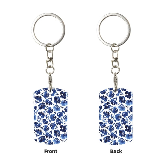 Uemuo Blue Ink Flowers Pattern Rectangular Metal Keychain - Durable, Stylish, and Personalized Key Ring for Men and Women,Engraved Keychain,Gift Slim Sturdy Keychain