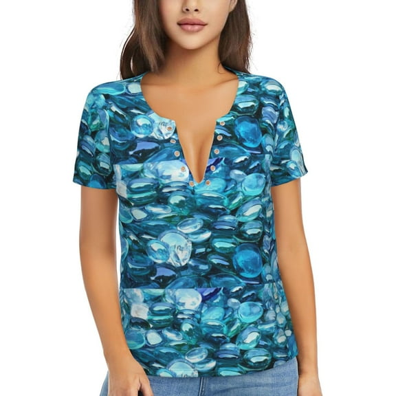 Uemuo Blue Kyanite Drawing Women's Deep V-Neck Low Cut Tops - Casual Loose Fit with Stainless Steel Loop, Soft, Breathable, Perfect for Office, Travel, and Daily Wear-X-Large