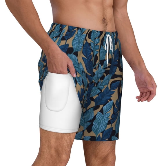 Uemuo Blue Leaves A Pattern Mens Swim Trunks Quick Dry Board Shorts with Mesh Lining, Stretch Beach Shorts Quick Dry No-Chafing Board Shorts-Large