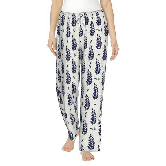 Uemuo Blue Leaves Pattern Women's Wide Leg Palazzo Lounge Pants with Pockets Light Weight Loose Comfy Casual Pajama Pants-Medium